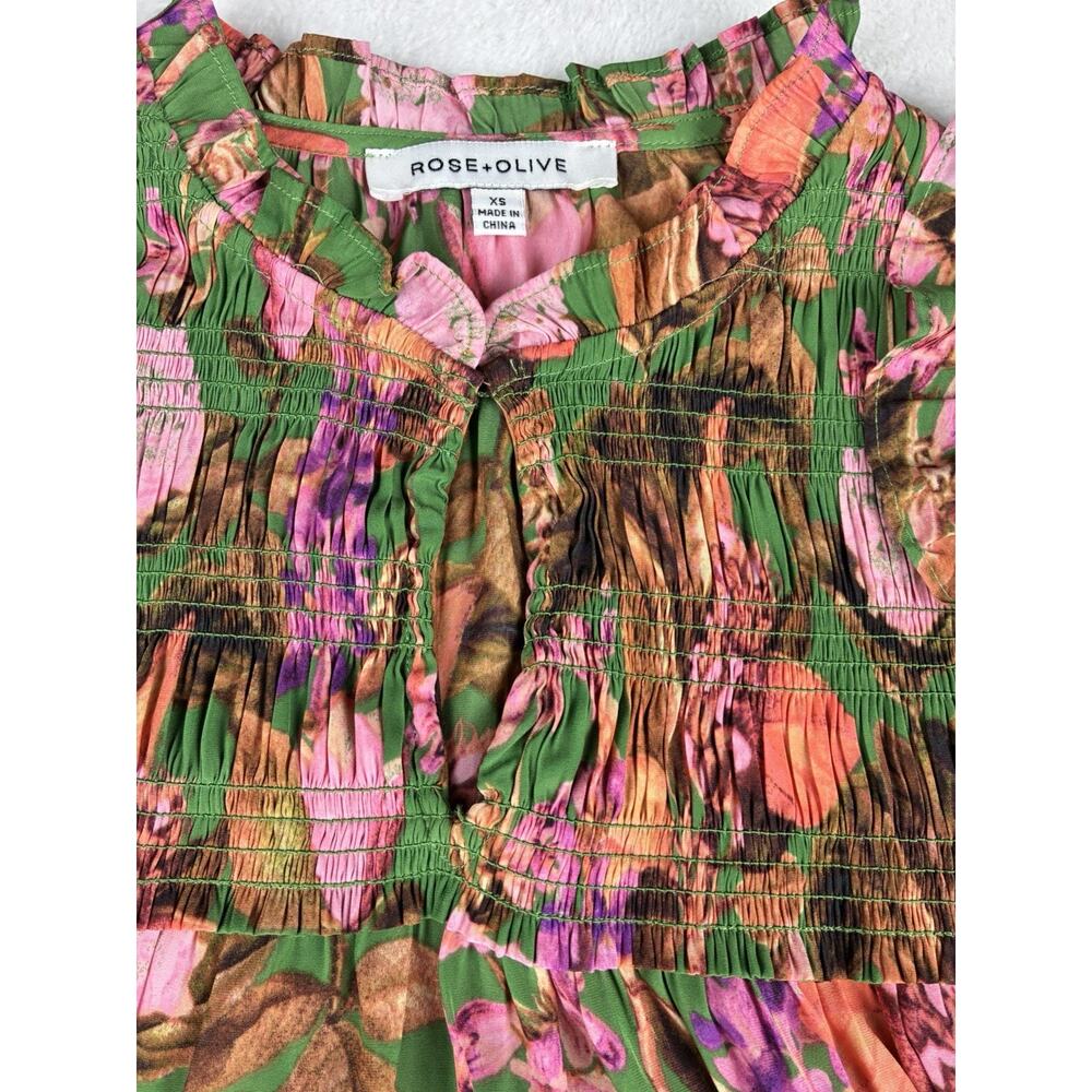 Rose + Olive Womens XS Green Pink Floral Smocked Ruffle Sleeve Blouse Romantic - Picture 5 of 10